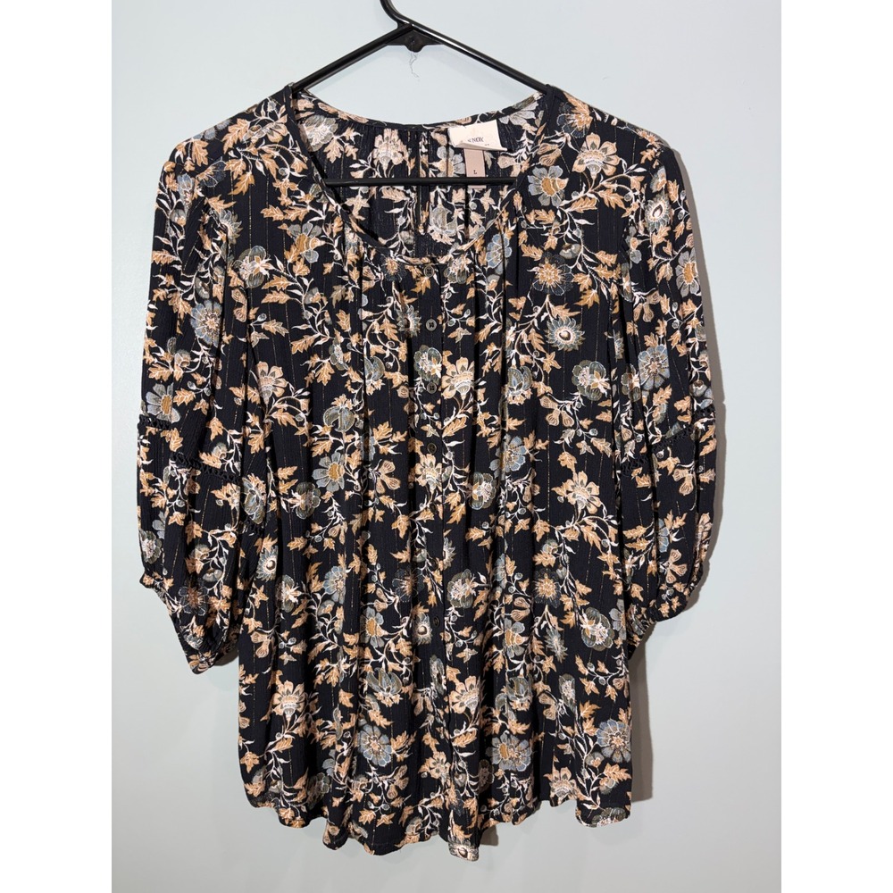 Knox Rose Black Floral Metallic Stripe Balloon Sleeve Blouse Large Boho Top